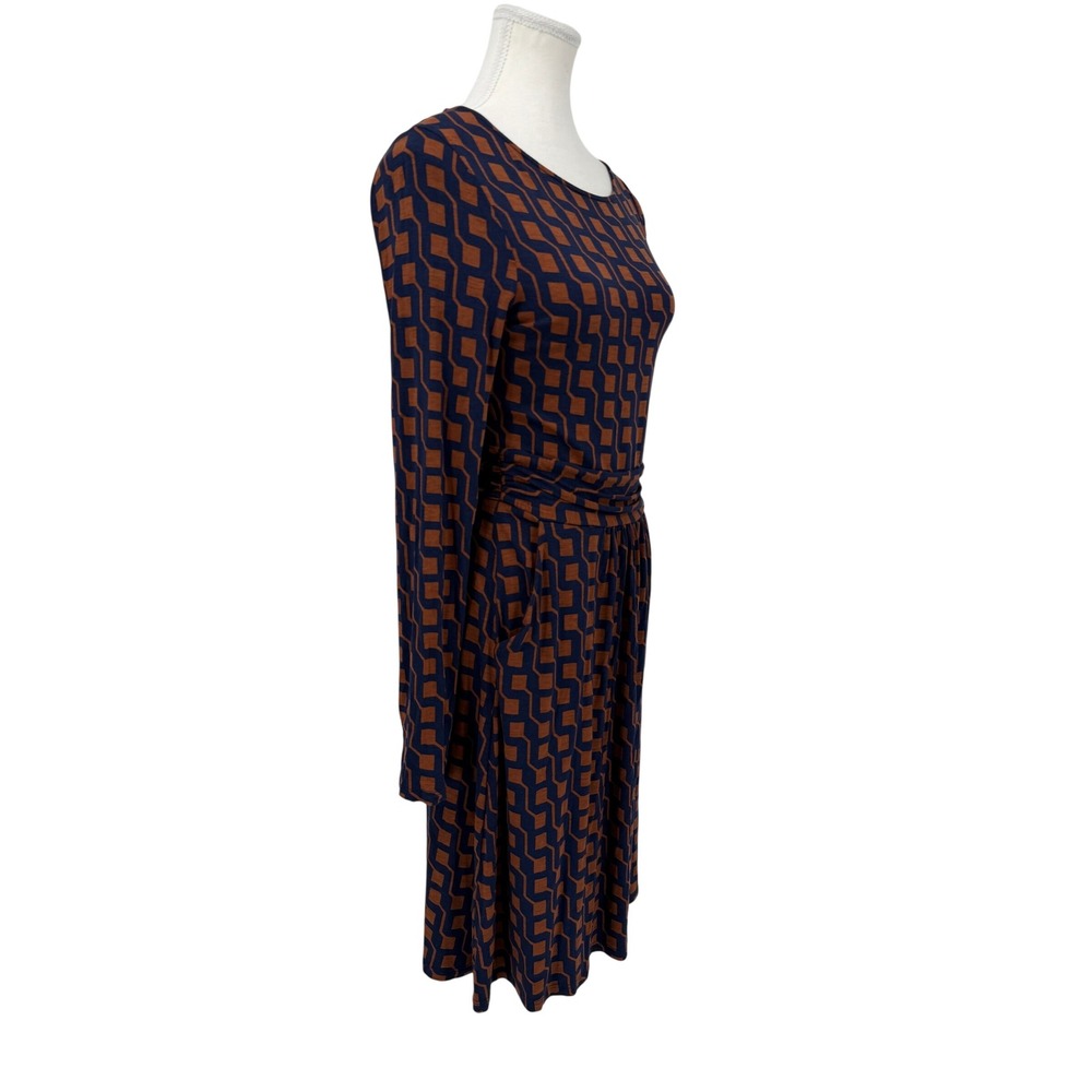 Boden Navy Blue Rust Geometric Print Long Sleeve Jersey Dress Pockets US 4R